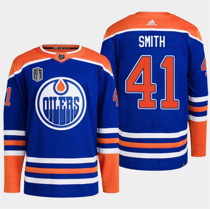 Men's Edmonton Oilers #41 Mike Smith Royal 2024 Stanley Cup Final Patch Stitched Jersey Men's Edmonton Oilers #41 Mike Smith Royal 2024 Stanley Cup Final Patch Stitched Jersey