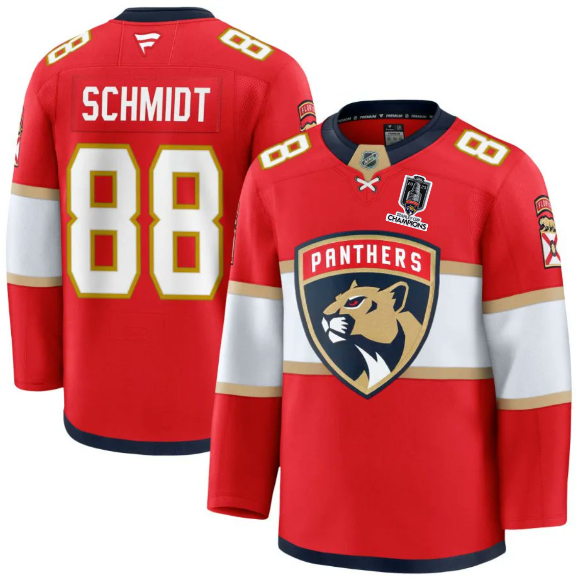 Men's Florida Panthers #88 Nate Schmidt Red Home 2025 Stanley Cup Champions Patch Stitched Hockey Jersey Men's Florida Panthers #88 Nate Schmidt Red Home 2025 Stanley Cup Champions Patch Stitched Hockey Jersey