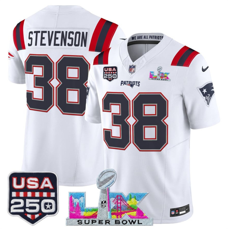 Youth New England Patriots #38 Rhamondre Stevenson White 2025 F.U.S.E. Super Bowl LX Patch And USA 250' Patch Vapor Limited Stitched Football Jersey