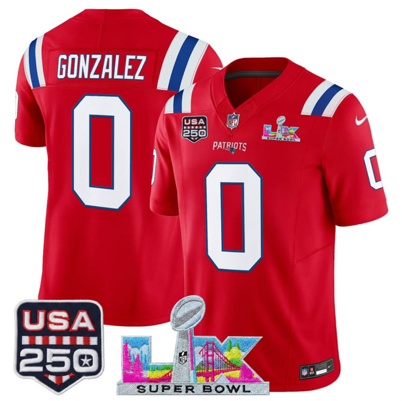 Youth New England Patriots #0 Christian Gonzalez Red 2025 F.U.S.E. Super Bowl LX Patch And USA 250' Patch Vapor Limited Stitched Football Jersey
