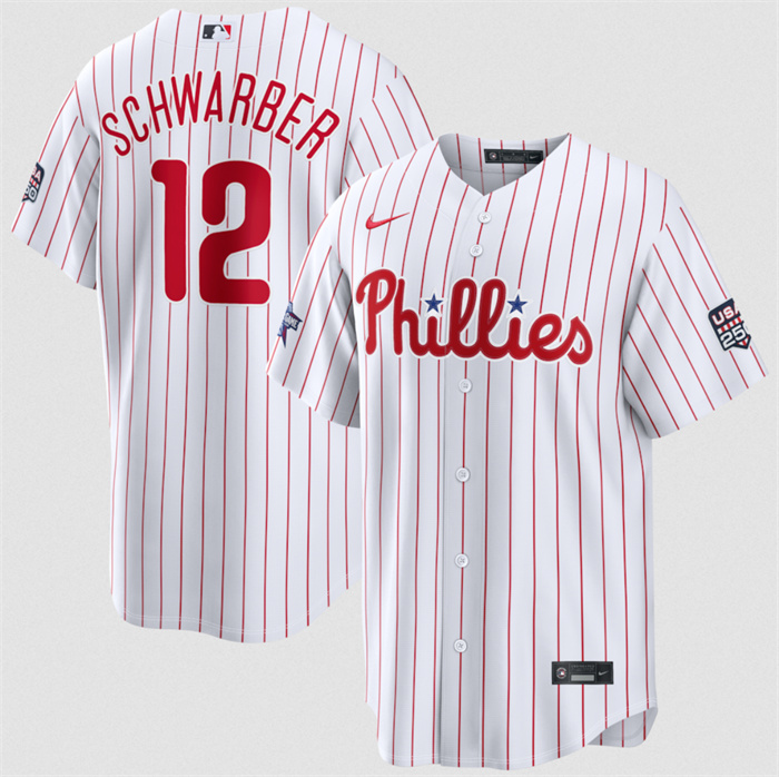 Men's Philadelphia Phillies #12 Kyle Schwarber White 2026 All-Star Game & USA 250 Patch Stitched Baseball Jersey Men's Philadelphia Phillies #12 Kyle Schwarber White 2026 All-Star Game & USA 250 Patch Stitched Baseball Jersey