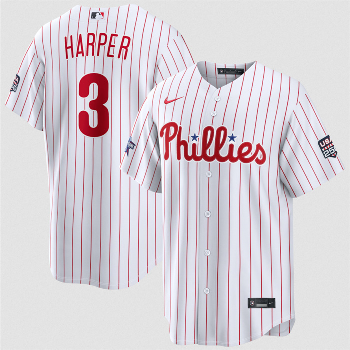 Men's Philadelphia Phillies #3 Bryce Harper White 2026 All-Star Game & USA 250 Patch Stitched Baseball Jersey Men's Philadelphia Phillies #3 Bryce Harper White 2026 All-Star Game & USA 250 Patch Stitched Baseball Jersey