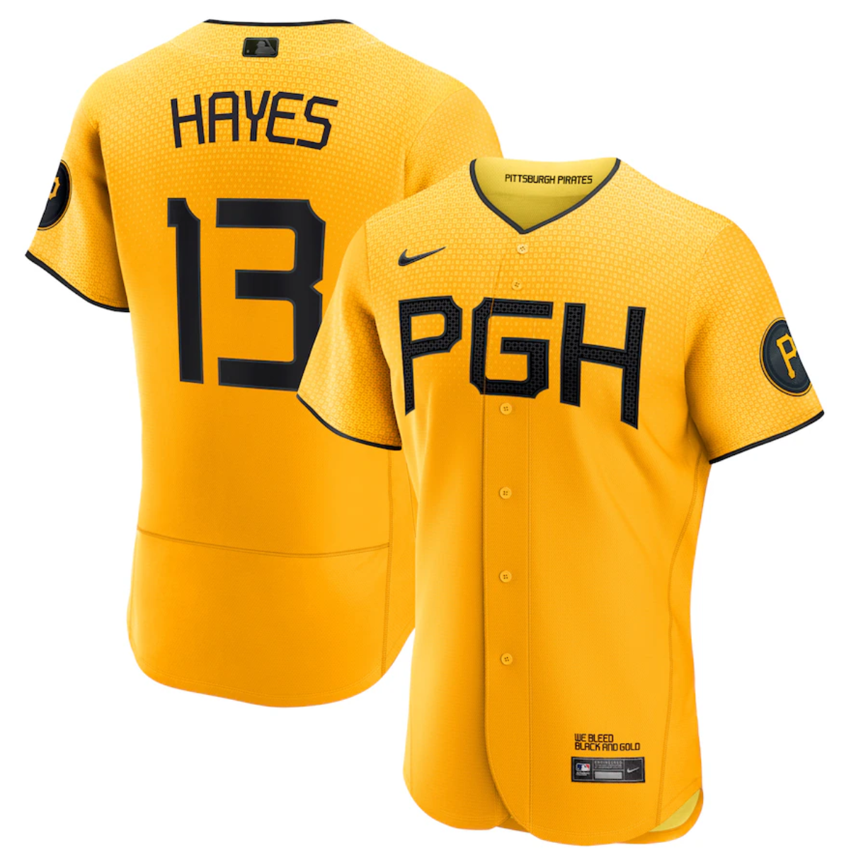 Men's Pittsburgh Pirates #13 Ke'Bryan Hayes Gold 2023 City Connect Flex Base Stitched Jersey Men's Pittsburgh Pirates #13 Ke'Bryan Hayes Gold 2023 City Connect Flex Base Stitched Jersey