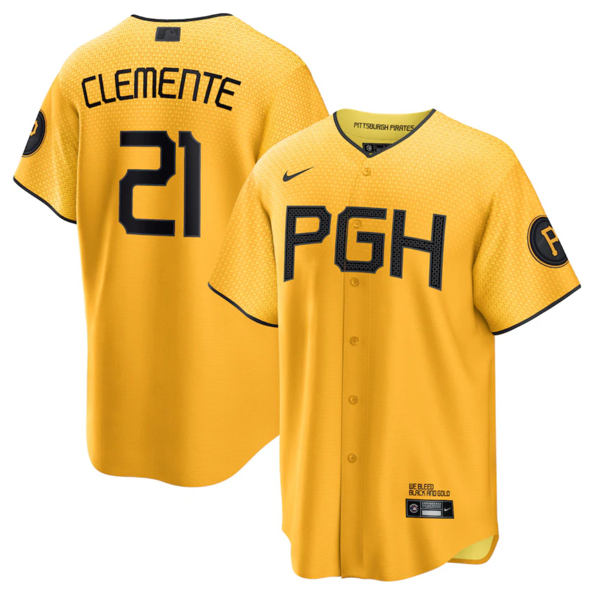 Men's Pittsburgh Pirates #21 Roberto Clemente Gold 2023 City Connect Stitched Jersey Men's Pittsburgh Pirates #21 Roberto Clemente Gold 2023 City Connect Stitched Jersey