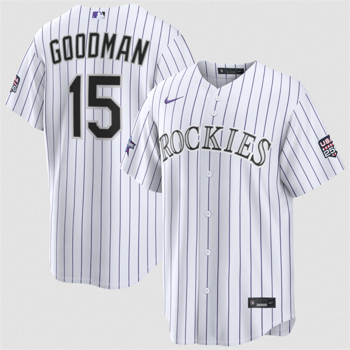 Men's Colorado Rockies #15 Hunter Goodman White 2026 All-Star Game & USA 250 Patch Stitched Baseball Jersey Men's Colorado Rockies #15 Hunter Goodman White 2026 All-Star Game & USA 250 Patch Stitched Baseball Jersey