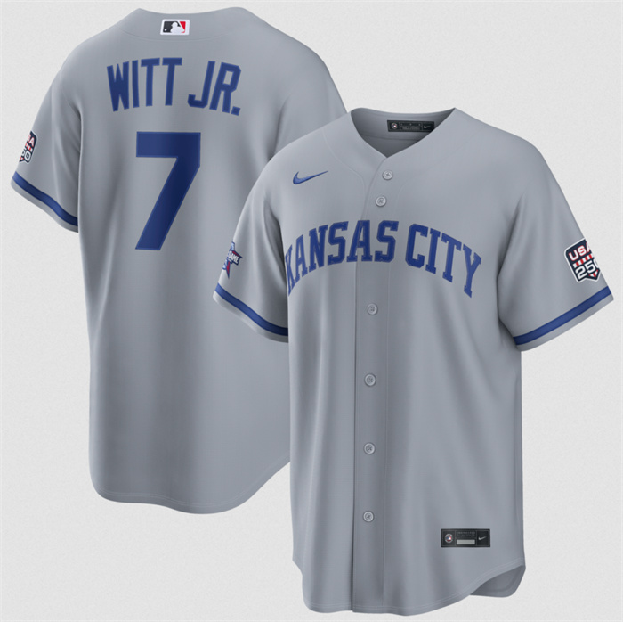 Men's Kansas City Royals #7 Bobby Witt Jr. Gray 2026 All-Star Game & USA 250 Patch Stitched Baseball Jersey Men's Kansas City Royals #7 Bobby Witt Jr. Gray 2026 All-Star Game & USA 250 Patch Stitched Baseball Jersey