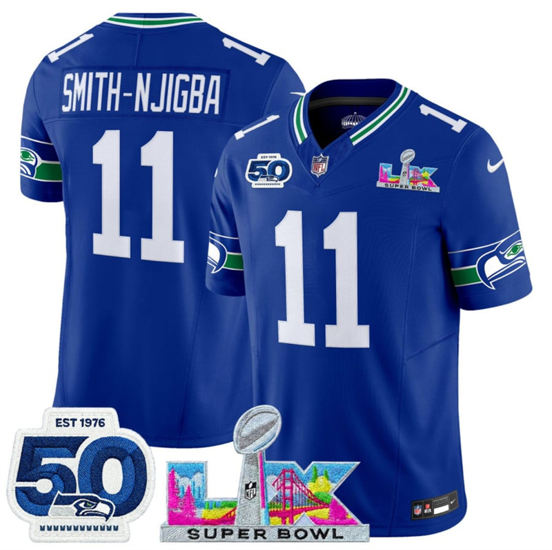 Women's Seattle Seahawks #11 Jaxon Smith-Njigba Royal 2025 F.U.S.E. Super Bowl LX Patch And 50th Season Patch Vapor Throwback Limited Stitched Football Jersey(Run Small) Women's Seattle Seahawks #11 Jaxon Smith-Njigba Royal 2025 F.U.S.E. Super Bowl LX Patch And 50th Season Patch Vapor Throwback Limited Stitched Football Jersey(Run Small)