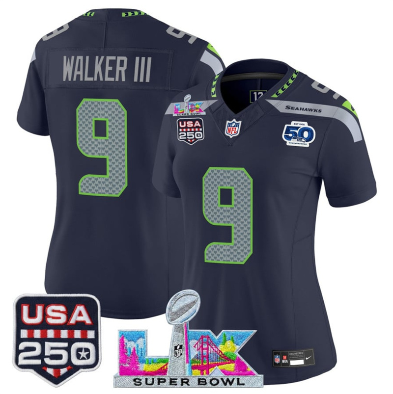 Women's Seattle Seahawks #9 Kenneth Walker III Navy 2025 F.U.S.E. Super Bowl LX Patch And 50th Season & USA 250' Patch Vapor Limited Football Stitched Jersey(Run Small) Women's Seattle Seahawks #9 Kenneth Walker III Navy 2025 F.U.S.E. Super Bowl LX Patch And 50th Season & USA 250' Patch Vapor Limited Football Stitched Jersey(Run Small)