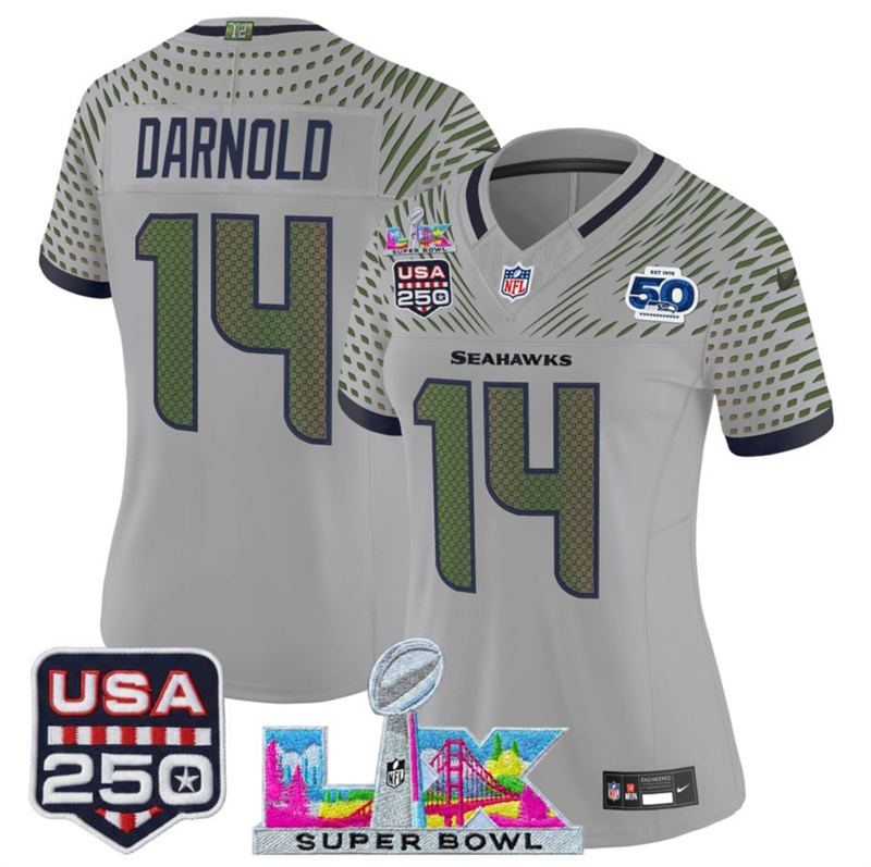 Women's Seattle Seahawks #14 Sam Darnold Gray 2025 F.U.S.E. Super Bowl LX & US 250th anniversary Patch And 50th Season Patch “Rivalries” Vapor Limited Football Stitched Jersey(Run Small) Women's Seattle Seahawks #14 Sam Darnold Gray 2025 F.U.S.E. Super Bowl LX & US 250th anniversary Patch And 50th Season Patch “Rivalries” Vapor Limited Football Stitched Jersey(Run Small)