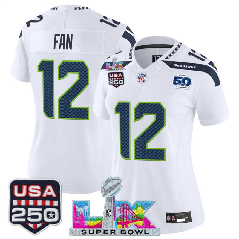Women's Seattle Seahawks #12 Fan White 2025 F.U.S.E. Super Bowl LX Patch And 50th Season & USA 250' Patch Vapor Limited Football Stitched Jersey(Run Small) Women's Seattle Seahawks #12 Fan White 2025 F.U.S.E. Super Bowl LX Patch And 50th Season & USA 250' Patch Vapor Limited Football Stitched Jersey(Run Small)