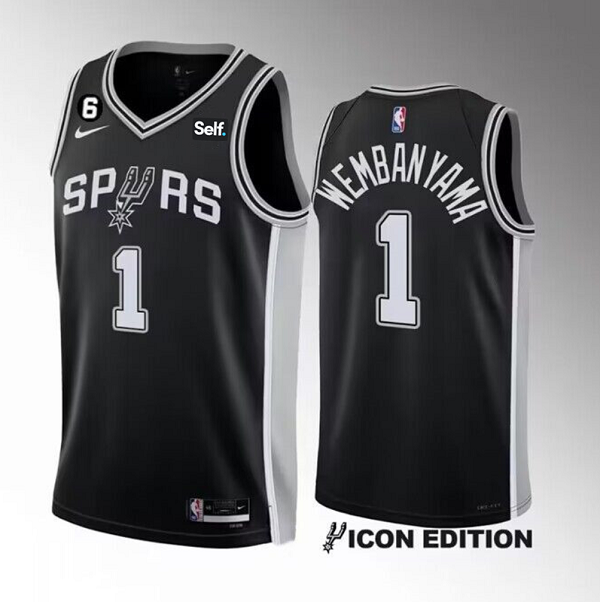 Men's San Antonio Spurs #1 Victor Wembanyama Black 2022/23 Icon Edition With NO.6 Patch Stitched Basketball Jersey Men's San Antonio Spurs #1 Victor Wembanyama Black 2022/23 Icon Edition With NO.6 Patch Stitched Basketball Jersey