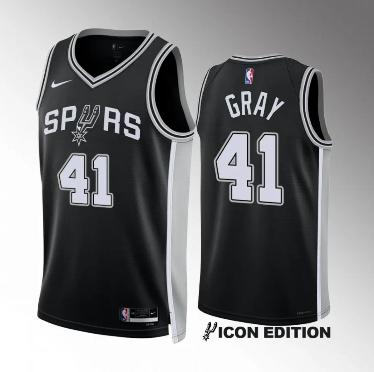 Men's San Antonio Spurs #41 Raiquan Gray Black 2022/23 Icon Edition Stitched Basketball Jersey Men's San Antonio Spurs #41 Raiquan Gray Black 2022/23 Icon Edition Stitched Basketball Jersey