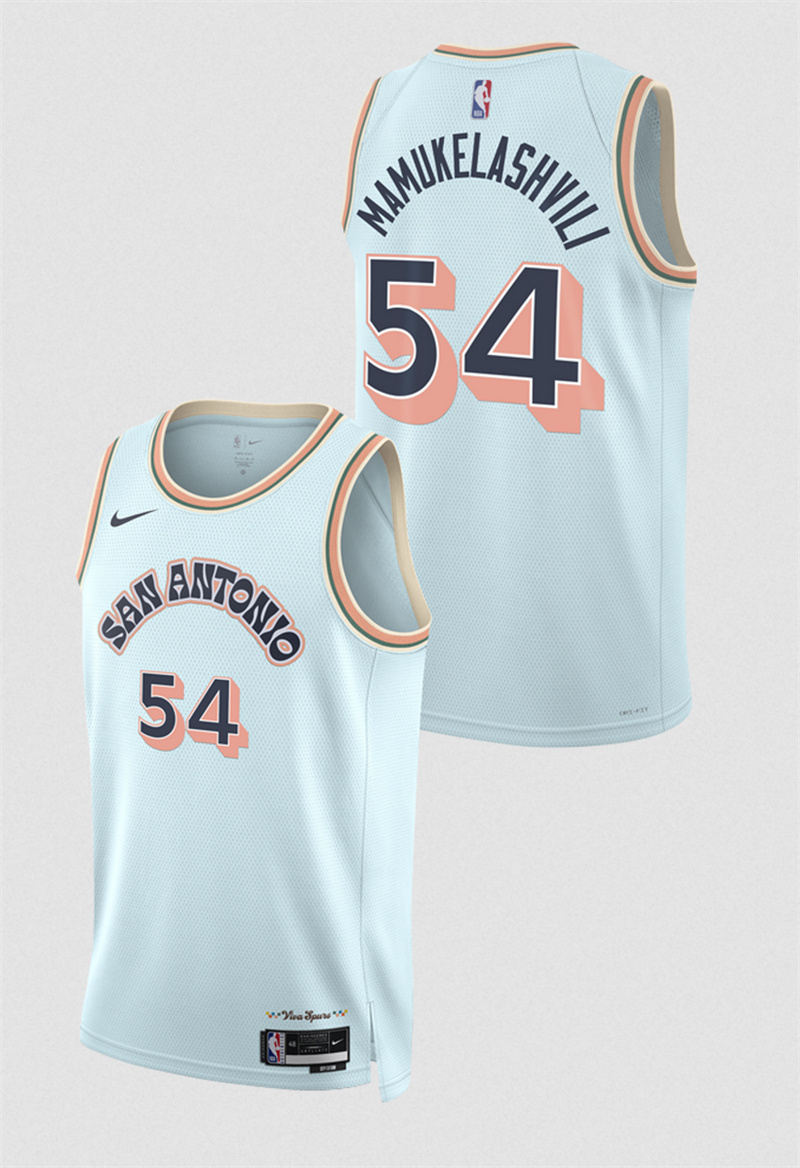 Men's San Antonio Spurs #54 Sandro Mamukelashvili Light Blue 2024/25 City Edition Stitched Basketball Jersey Men's San Antonio Spurs #54 Sandro Mamukelashvili Light Blue 2024/25 City Edition Stitched Basketball Jersey