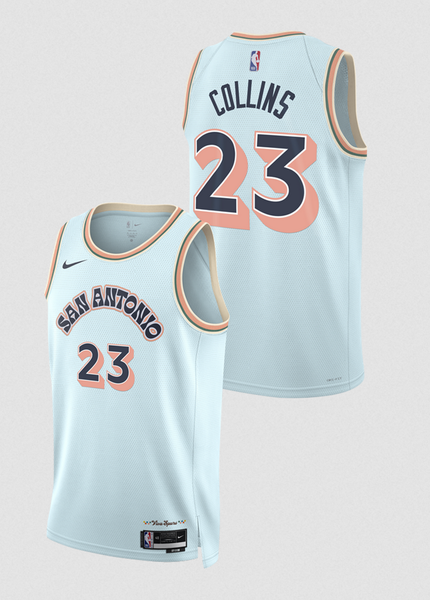 Men's San Antonio Spurs #23 Zach Collins Light Blue 2024/25 City Edition Stitched Basketball Jerse Men's San Antonio Spurs #23 Zach Collins Light Blue 2024/25 City Edition Stitched Basketball Jerse