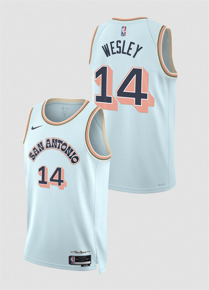 Men's San Antonio Spurs #14 Blake Wesley Light Blue 2024/25 City Edition Stitched Basketball Jersey Men's San Antonio Spurs #14 Blake Wesley Light Blue 2024/25 City Edition Stitched Basketball Jersey