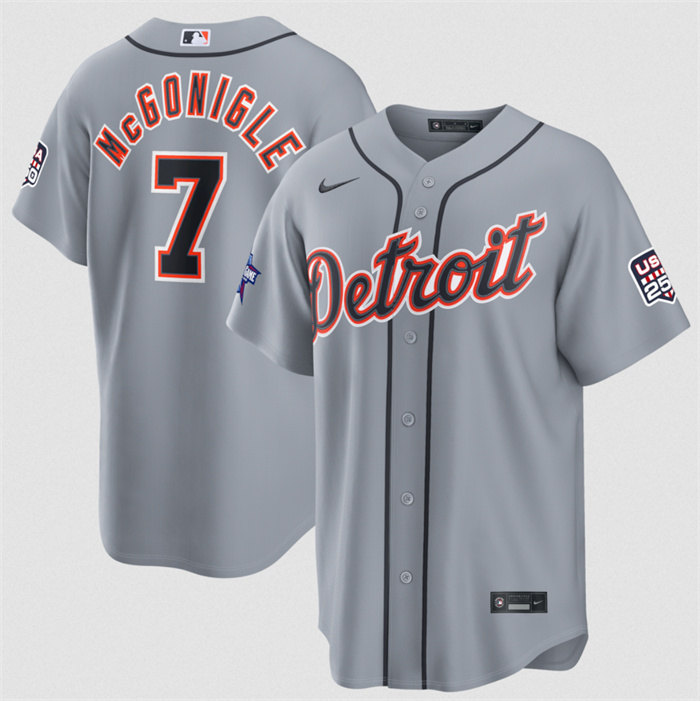 Men's Detroit Tigers #7 Kevin McGonigle Gray 2026 All-Star Game & USA 250 Patch Stitched Baseball Jersey