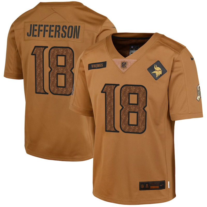 Youth Minnesota Vikings #18 Justin Jefferson 2023 Brown Salute To Service Limited Stitched Football Jersey Youth Minnesota Vikings #18 Justin Jefferson 2023 Brown Salute To Service Limited Stitched Football Jersey