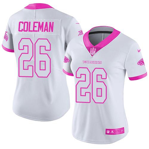 Nike Falcons #26 Tevin Coleman White/Pink Women's Stitched NFL Limited Rush Fashion Jersey Nike Falcons #26 Tevin Coleman White/Pink Women's Stitched NFL Limited Rush Fashion Jersey