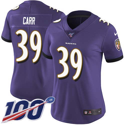 Nike Ravens #39 Brandon Carr Purple Team Color Women's Stitched NFL 100th Season Vapor Untouchable Limited Jersey Nike Ravens #39 Brandon Carr Purple Team Color Women's Stitched NFL 100th Season Vapor Untouchable Limited Jersey