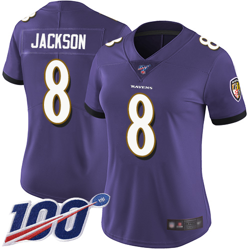 Nike Ravens #8 Lamar Jackson Purple Team Color Women's Stitched NFL 100th Season Vapor Limited Jersey Nike Ravens #8 Lamar Jackson Purple Team Color Women's Stitched NFL 100th Season Vapor Limited Jersey