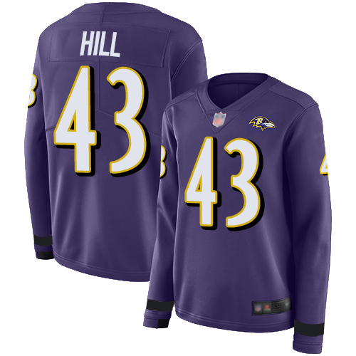 Nike Ravens #43 Justice Hill Purple Team Color Women's Stitched NFL Limited Therma Long Sleeve Jersey Nike Ravens #43 Justice Hill Purple Team Color Women's Stitched NFL Limited Therma Long Sleeve Jersey