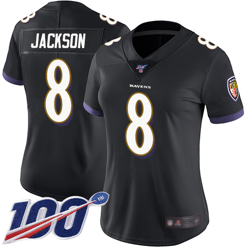 Nike Ravens #8 Lamar Jackson Black Alternate Women's Stitched NFL 100th Season Vapor Limited Jersey Nike Ravens #8 Lamar Jackson Black Alternate Women's Stitched NFL 100th Season Vapor Limited Jersey