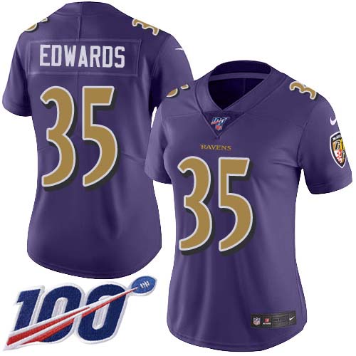 Nike Ravens #35 Gus Edwards Purple Women's Stitched NFL Limited Rush 100th Season Jersey Nike Ravens #35 Gus Edwards Purple Women's Stitched NFL Limited Rush 100th Season Jersey