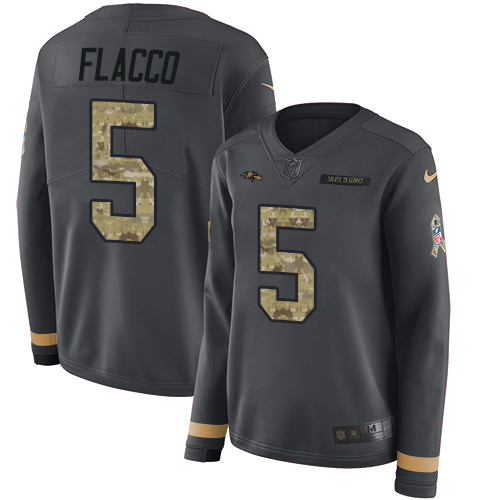 Nike Ravens #5 Joe Flacco Anthracite Salute to Service Women's Stitched NFL Limited Therma Long Sleeve Jersey Nike Ravens #5 Joe Flacco Anthracite Salute to Service Women's Stitched NFL Limited Therma Long Sleeve Jersey