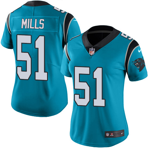 Nike Panthers #51 Sam Mills Blue Women's Stitched NFL Limited Rush Jersey Nike Panthers #51 Sam Mills Blue Women's Stitched NFL Limited Rush Jersey