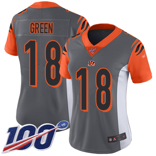 Nike Bengals #18 A.J. Green Silver Women's Stitched NFL Limited Inverted Legend 100th Season Jersey Nike Bengals #18 A.J. Green Silver Women's Stitched NFL Limited Inverted Legend 100th Season Jersey
