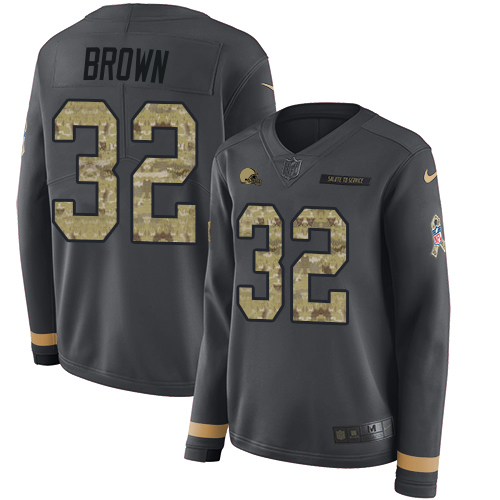 Nike Browns #32 Jim Brown Anthracite Salute to Service Women's Stitched NFL Limited Therma Long Sleeve Jersey Nike Browns #32 Jim Brown Anthracite Salute to Service Women's Stitched NFL Limited Therma Long Sleeve Jersey