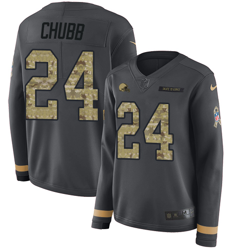 Nike Browns #24 Nick Chubb Anthracite Salute to Service Women's Stitched NFL Limited Therma Long Sleeve Jersey Nike Browns #24 Nick Chubb Anthracite Salute to Service Women's Stitched NFL Limited Therma Long Sleeve Jersey