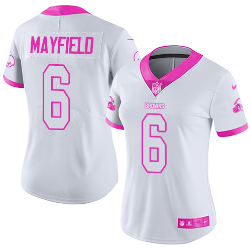 Nike Browns #6 Baker Mayfield White/Pink Women's Stitched NFL Limited Rush Fashion Jersey Nike Browns #6 Baker Mayfield White/Pink Women's Stitched NFL Limited Rush Fashion Jersey
