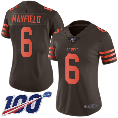 Nike Browns #6 Baker Mayfield Brown Women's Stitched NFL Limited Rush 100th Season Jersey Nike Browns #6 Baker Mayfield Brown Women's Stitched NFL Limited Rush 100th Season Jersey