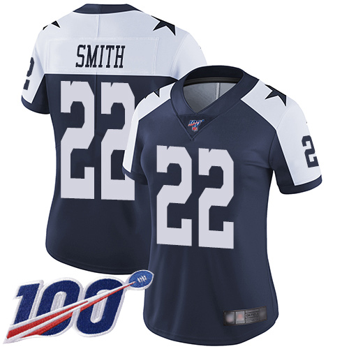 Nike Cowboys #22 Emmitt Smith Navy Blue Thanksgiving Women's Stitched NFL 100th Season Vapor Throwback Limited Jersey Nike Cowboys #22 Emmitt Smith Navy Blue Thanksgiving Women's Stitched NFL 100th Season Vapor Throwback Limited Jersey