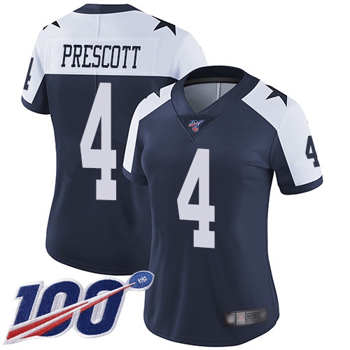 Nike Cowboys #4 Dak Prescott Navy Blue Thanksgiving Women's Stitched NFL 100th Season Vapor Throwback Limited Jersey Nike Cowboys #4 Dak Prescott Navy Blue Thanksgiving Women's Stitched NFL 100th Season Vapor Throwback Limited Jersey