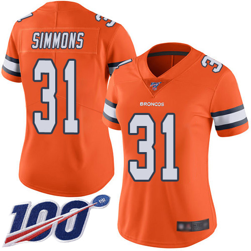 Nike Broncos #31 Justin Simmons Orange Women's Stitched NFL Limited Rush 100th Season Jersey Nike Broncos #31 Justin Simmons Orange Women's Stitched NFL Limited Rush 100th Season Jersey