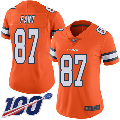 Nike Broncos #87 Noah Fant Orange Women's Stitched NFL Limited Rush 100th Season Jersey Nike Broncos #87 Noah Fant Orange Women's Stitched NFL Limited Rush 100th Season Jersey