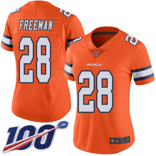 Nike Broncos #28 Royce Freeman Orange Women's Stitched NFL Limited Rush 100th Season Jersey Nike Broncos #28 Royce Freeman Orange Women's Stitched NFL Limited Rush 100th Season Jersey