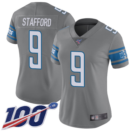 Nike Lions #9 Matthew Stafford Gray Women's Stitched NFL Limited Rush 100th Season Jersey Nike Lions #9 Matthew Stafford Gray Women's Stitched NFL Limited Rush 100th Season Jersey