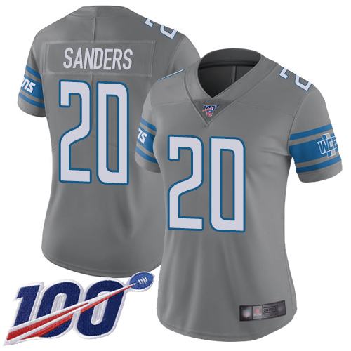 Nike Lions #20 Barry Sanders Gray Women's Stitched NFL Limited Rush 100th Season Jersey Nike Lions #20 Barry Sanders Gray Women's Stitched NFL Limited Rush 100th Season Jersey