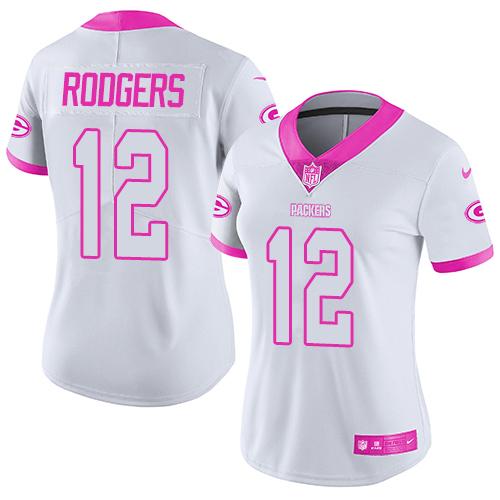 Nike Packers #12 Aaron Rodgers White/Pink Women's Stitched NFL Limited Rush Fashion Jersey Nike Packers #12 Aaron Rodgers White/Pink Women's Stitched NFL Limited Rush Fashion Jersey
