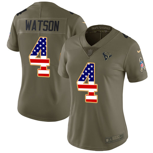 Nike Texans #4 Deshaun Watson Olive/USA Flag Women's Stitched NFL Limited 2017 Salute to Service Jersey Nike Texans #4 Deshaun Watson Olive/USA Flag Women's Stitched NFL Limited 2017 Salute to Service Jersey