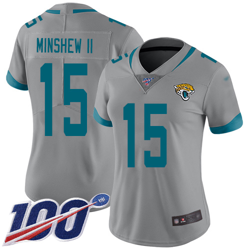 Nike Jaguars #15 Gardner Minshew II Silver Women's Stitched NFL Limited Inverted Legend 100th Season Jersey Nike Jaguars #15 Gardner Minshew II Silver Women's Stitched NFL Limited Inverted Legend 100th Season Jersey