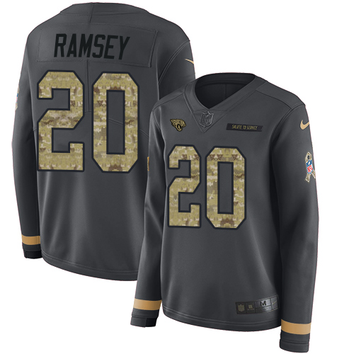 Nike Jaguars #20 Jalen Ramsey Anthracite Salute to Service Women's Stitched NFL Limited Therma Long Sleeve Jersey Nike Jaguars #20 Jalen Ramsey Anthracite Salute to Service Women's Stitched NFL Limited Therma Long Sleeve Jersey