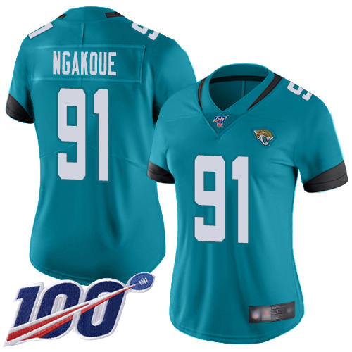 Nike Jaguars #91 Yannick Ngakoue Teal Green Alternate Women's Stitched NFL 100th Season Vapor Limited Jersey Nike Jaguars #91 Yannick Ngakoue Teal Green Alternate Women's Stitched NFL 100th Season Vapor Limited Jersey