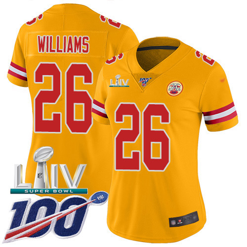 Nike Chiefs #26 Damien Williams Gold Super Bowl LIV 2020 Women's Stitched NFL Limited Inverted Legend 100th Season Jersey Nike Chiefs #26 Damien Williams Gold Super Bowl LIV 2020 Women's Stitched NFL Limited Inverted Legend 100th Season Jersey