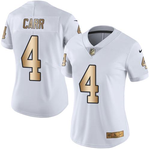 Nike Raiders #4 Derek Carr White Women's Stitched NFL Limited Gold Rush Jersey Nike Raiders #4 Derek Carr White Women's Stitched NFL Limited Gold Rush Jersey