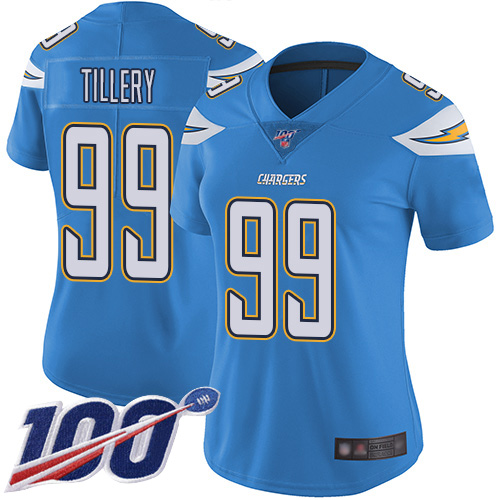 Nike Chargers #99 Jerry Tillery Electric Blue Alternate Women's Stitched NFL 100th Season Vapor Limited Jersey Nike Chargers #99 Jerry Tillery Electric Blue Alternate Women's Stitched NFL 100th Season Vapor Limited Jersey