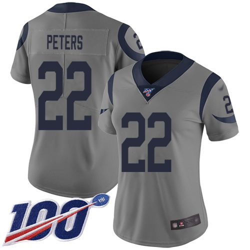 Nike Rams #22 Marcus Peters Gray Women's Stitched NFL Limited Inverted Legend 100th Season Jersey Nike Rams #22 Marcus Peters Gray Women's Stitched NFL Limited Inverted Legend 100th Season Jersey